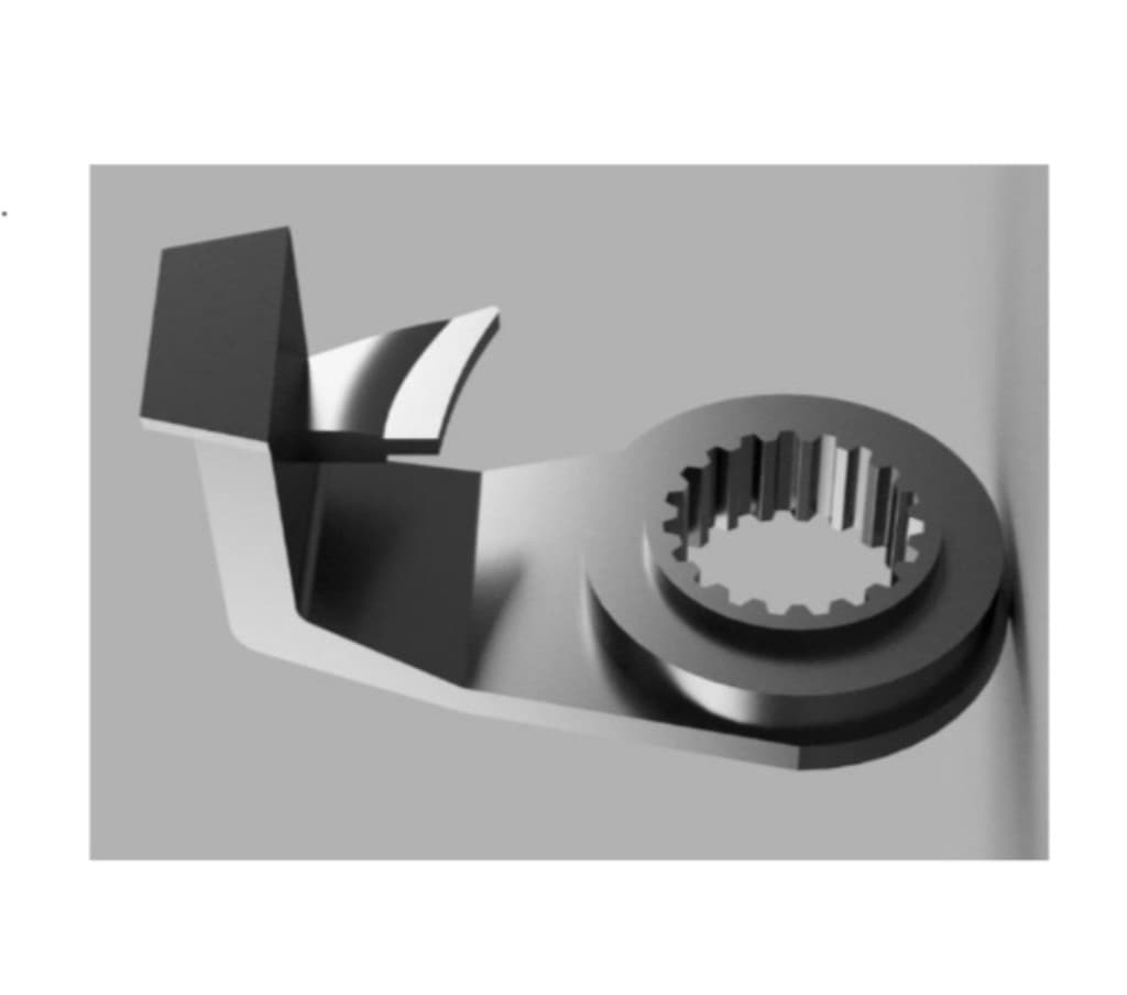 CAD render of the windlass rope stop showing the internal spline and formed arm geometry